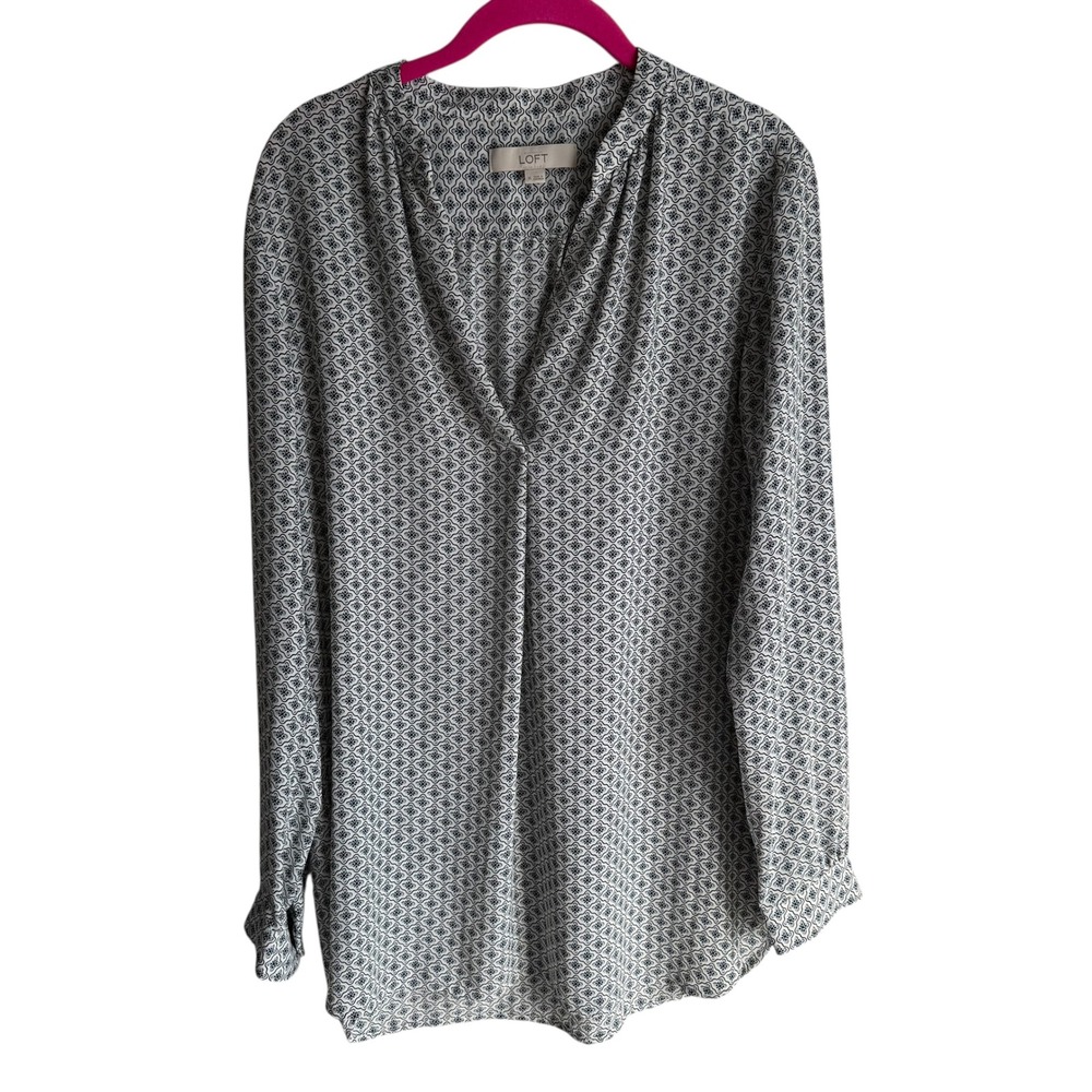 LOFT Light Blue and Off‎ White Long Sleeve Geometric Ladies Tunic Blouse, M